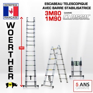 ECHELLE ESCABEAU TELESCOPIQUE DOUBLE FONCTIONS WOERTHER, CLASSIC 3M80/1.9M - PACK BASIQUE 