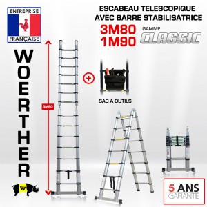 Echelle-escabeau télescopique 3,8m/1,9m avec housse, sac à outils