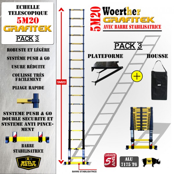 ECHELLE TELESCOPIQUE WOERTHER GRAFITEK 5M20 AVEC HOUSSE DE TRANSPORT