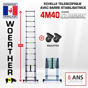 Echelle télescopique pliante Hauteur de 3M20 , gamme grafitek, pack 3 avec  paire de patins ronds