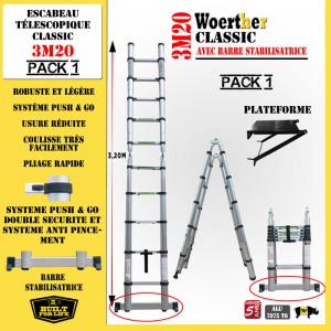 ECHELLE ESCABEAU TELESCOPIQUE DOUBLE FONCTIONS WOERTHER, CLASSIC 3M20/1.6M – AVEC PLATEFORME