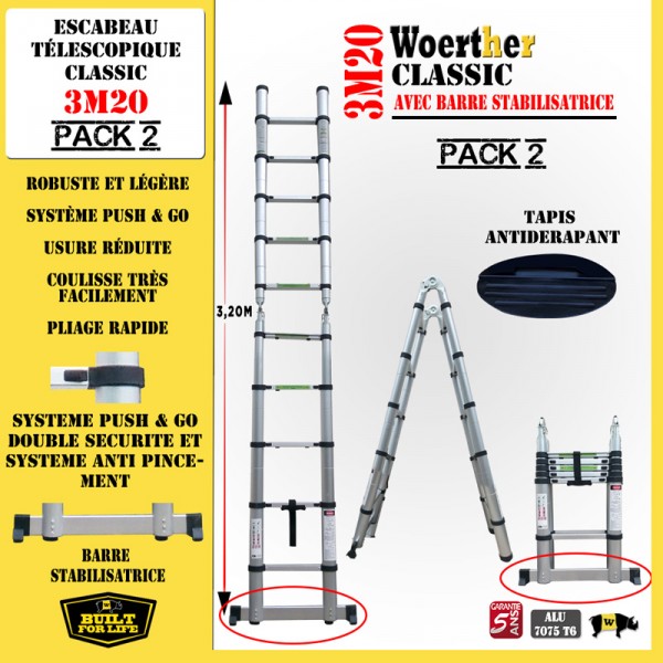 escabeau télescopique double barres stabilisatrices 5M/2M50