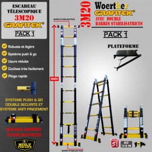 ECHELLE ESCABEAU TELESCOPIQUE DOUBLE FONCTIONS DOUBLE BARRES STABILISATRICES, GRAFITEK 3M20/1.6M - AVEC PLATEFORME