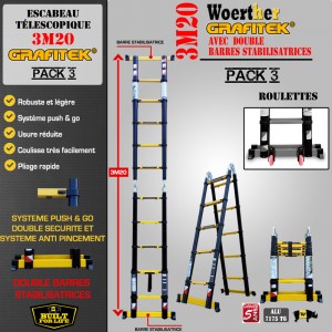 ECHELLE ESCABEAU TELESCOPIQUE DOUBLE FONCTIONS DOUBLE BARRES STABILISATRICES, GRAFITEK 3M20/1.6M - AVEC ROULETTES