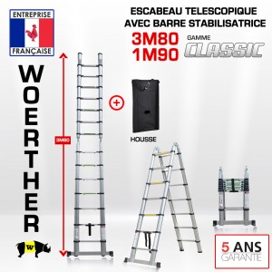 ECHELLE ESCABEAU TELESCOPIQUE DOUBLE FONCTIONS WOERTHER, CLASSIC 3M80/1.9M - AVEC HOUSSE