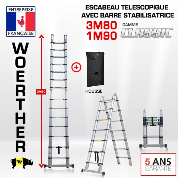 Echelle pliante télescopique en aluminium - Hauteur 3,80m