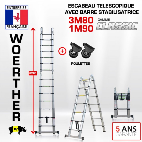 escabeau télescopique 3M80/1M90 woerther, en aluminium anodisé, plateforme  multifonction et housse offertes.