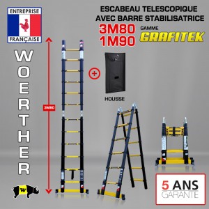 ECHELLE ESCABEAU TELESCOPIQUE 3M80 DOUBLE FONCTIONS WOERTHER, GRAFITEK 3M80/1.9M - AVEC HOUSSE