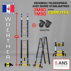 ECHELLE ESCABEAU WOERTHER DOUBLE FONCTIONS, GAMME GRAFITEK 3M80/1.9M - AVEC ROULETTES