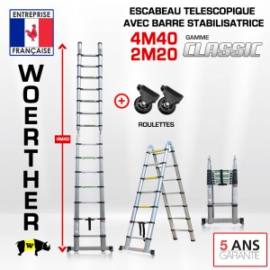 ECHELLE ESCABEAU TELESCOPIQUE DOUBLE FONCTIONS WOERTHER, CLASSIC 4M40/2M20 – AVEC ROULETTES