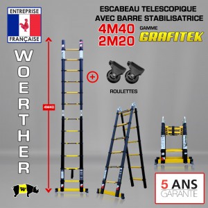 ECHELLE ESCABEAU TELESCOPIQUE DOUBLE FONCTIONS, GRAFITEK 4.40M/2.20M - AVEC ROULETTES