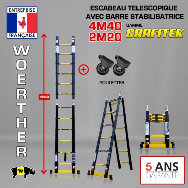 escabeau télescopique 4M40/2M20 woerther, avec roulettes, en graphite, la  plus solide et rigide du marché