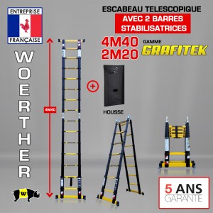 ECHELLE ESCABEAU TELESCOPIQUE DOUBLE FONCTIONS DOUBLE BARRES STABILISATRICES, GRAFITEK 4.40M/2.20M - AVEC HOUSSE