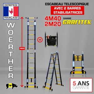 ECHELLE ESCABEAU TELESCOPIQUE 2 FONCTIONS 2 BARRES STABILISATRICES, GRAFITEK 4.40M/2.20M - AVEC SAC A OUTILS