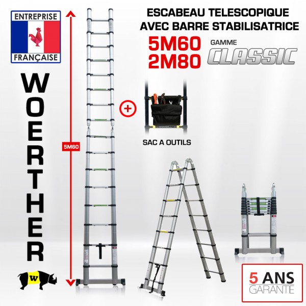 Echelle télescopique Woerther Grafitek 2m avec barre