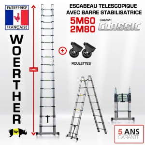 ECHELLE ESCABEAU TELESCOPIQUE DOUBLE FONCTIONS WOERTHER, CLASSIC 5M60/2M80 – AVEC ROULETTES