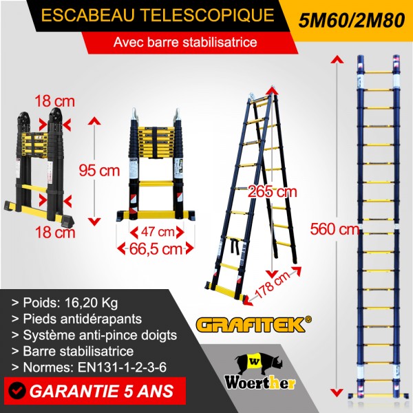 échelle télescopique 4M40, en aluminium, avec sa housse de transport et  plateforme multifonction, disponible en gamme grafitek.