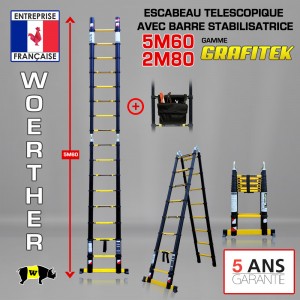 ECHELLE ESCABEAU TELESCOPIQUE DOUBLE FONCTIONS WOERTHER, GRAFITEK 5.60M/2.8M - PACK 2 AVEC SAC A OUTILS