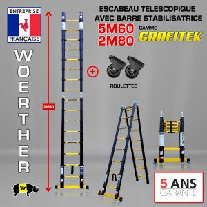 ECHELLE ESCABEAU TELESCOPIQUE DOUBLE FONCTIONS WOERTHER, GRAFITEK 5.60M/2.8M - AVEC ROULETTES