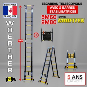 ECHELLE ESCABEAU TELESCOPIQUE 2 FONCTIONS 2 BARRES STABILISATRICES, GRAFITEK 5.60M/2.8M - AVEC SAC A OUTILS