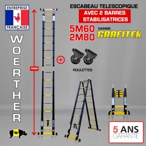 ECHELLE ESCABEAU TELESCOPIQUE 2 FONCTIONS 2 BARRES STABILISATRICES, GRAFITEK 5.60M/2.8M - AVEC ROULETTES