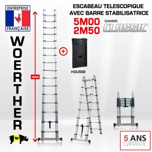 ECHELLE ESCABEAU TELESCOPIQUE DOUBLE FONCTIONS WOERTHER, CLASSIC 5M/2M50 – AVEC HOUSSE