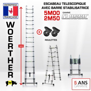 ECHELLE ESCABEAU TELESCOPIQUE DOUBLE FONCTIONS WOERTHER, CLASSIC 5M/2M50 – AVEC ROULETTES