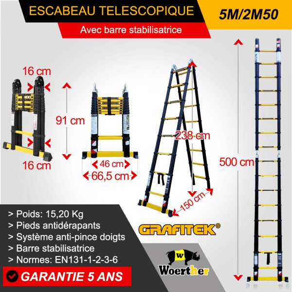 escabeau télescopique 5M/2M50 woerther, avec sa plateforme, en graphite, la  plus solide et rigide du marché