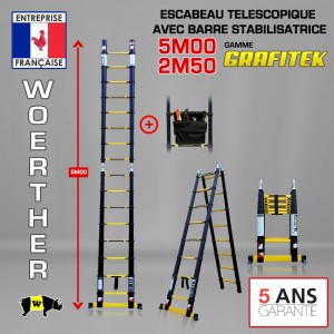 ECHELLE ESCABEAU TELESCOPIQUE DOUBLE FONCTIONS WOERTHER, GRAFITEK 5M/2.5M - PACK 2 AVEC SAC A OUTILS