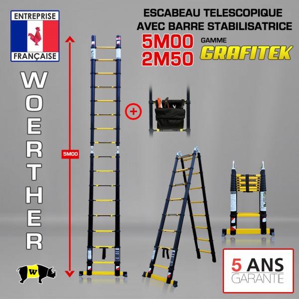 Lot Echelle-escabeau télescopique double barres stabilisatrices 5