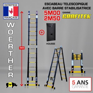 ECHELLE ESCABEAU TELESCOPIQUE DOUBLE FONCTIONS WOERTHER, GRAFITEK 5M/2.5M - AVEC HOUSSE