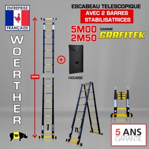 ECHELLE ESCABEAU TELESCOPIQUE DOUBLE FONCTIONS DOUBLE BARRES STABILISATRICES, GRAFITEK 5M/2.5M - AVEC HOUSSE