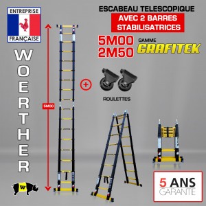 ECHELLE ESCABEAU TELESCOPIQUE 2 FONCTIONS 2 BARRES STABILISATRICES, GRAFITEK 5M/2.5M - AVEC ROULETTES