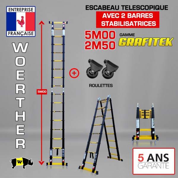 escabeau télescopique double barres stabilisatrices 5M/2M50 woerther, avec  sa plateforme et housse , en graphite