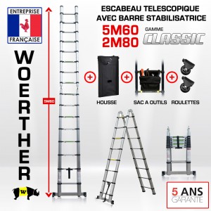 ECHELLE ESCABEAU TELESCOPIQUE DOUBLE FONCTIONS WOERTHER, CLASSIC 5M60/2M80 - AVEC HOUSSE, SAC A OUTILS ET ROULETTES