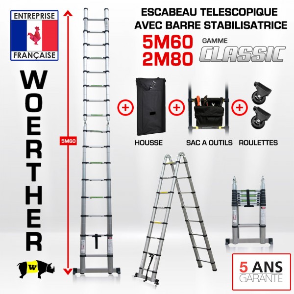 escabeau télescopique 5M60/2M80 woerther, en aluminium anodisé, plateforme  multifonction, housse et tapis offerts.