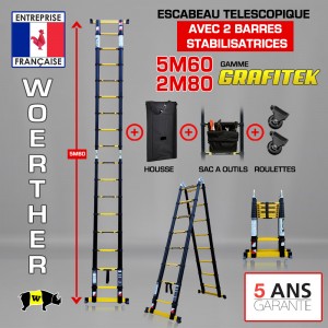 ESCABEAU TELESCOPIQUE 2 FONCTIONS 2 BARRES STABILISATRICES, GRAFITEK 5.60M/2.8M - AVEC HOUSSE, SAC A OUTILS ET ROULETTES