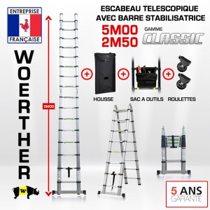 ECHELLE ESCABEAU TELESCOPIQUE DOUBLE FONCTIONS WOERTHER, CLASSIC 5M/2M50 – AVEC HOUSSE,SAC A OUTILS ET ROULETTES