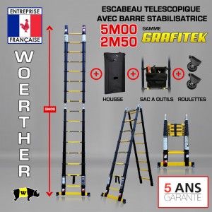 ECHELLE ESCABEAU TELESCOPIQUE DOUBLE FONCTIONS WOERTHER, GRAFITEK 5M/2.5M - AVEC HOUSSE, SAC A OUTILS ET ROULETTES