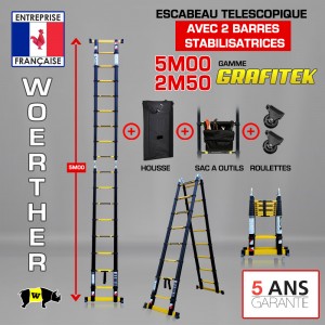 ESCABEAU TELESCOPIQUE 2 FONCTIONS 2 BARRE STABILISATRICES, GRAFITEK 5M/2.5M - AVEC HOUSSE, SAC A OUTILS ET ROULETTES