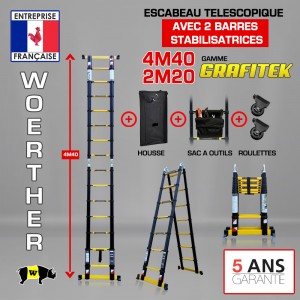 ECHELLE ESCABEAU TELESCOPIQUE DOUBLE FONCTIONS 2 BARRES, GRAFITEK 4.40M/2.20M - AVEC HOUSSE, SAC A OUTILS ET ROULETTES