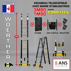 ECHELLE ESCABEAU DOUBLE FONCTIONS WOERTHER, MODÈLE GRAFITEK 3M80/1.9M - PACK 5 (AVEC HOUSSE,  SAC A OUTILS ET ROULETTES