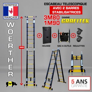 ESCABEAU 2 FONCTIONS - 2 BARRES STABILISATRICES, MODÈLE GRAFITEK 3M80/1.9M - PACK 5 (HOUSSE, TAPIS ET ROULETTES)