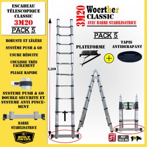 ECHELLE ESCABEAU TELESCOPIQUE DOUBLE FONCTIONS WOERTHER, CLASSIC 3M20/1.6M – AVEC PLATEFORME ET TAPIS