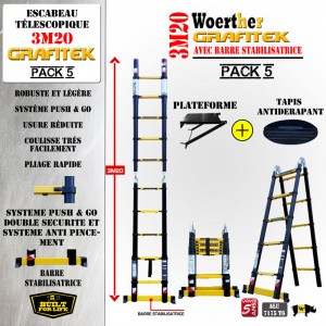 ECHELLE ESCABEAU TELESCOPIQUE DOULE FONCTIONS WOERTHER, GRAFITEK 3M20/1.6M - AVEC PLATEFORME ET TAPIS