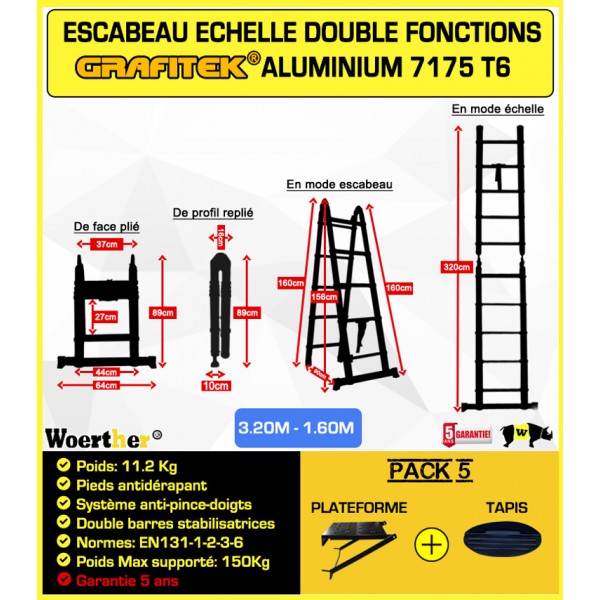 escabeau télescopique 3M20/1M60 woerther, avec sa plateforme + housse +  tapis, en graphite, la plus solide et rigide du marché