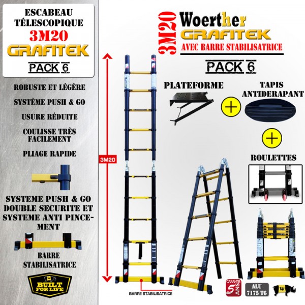 escabeau télescopique double barres stabilisatrices 5M/2M50 woerther, avec  sa plateforme et housse , en graphite