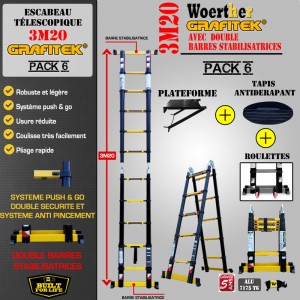 ECHELLE ESCABEAU TELESCOPIQUE 2 BARRES STABILISATRICES, GRAFITEK 3M20/1.6M - AVEC PLATEFORME, TAPIS ET ROULETTES