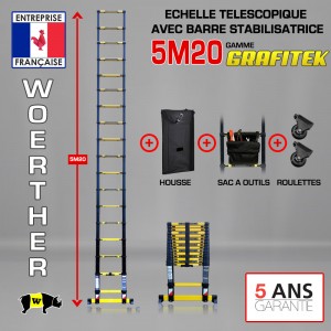 ÉCHELLE PLIANTE 5M20 GAMME GRAFITEK AVEC HOUSSE, SAC A OUTILS ET ROULETTE