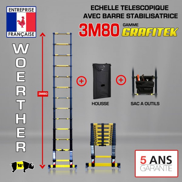 échelle pliante 4m woerther, avec housse et sac à outils, en graphite, la  plus solide et rigide du marché